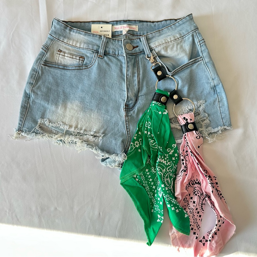 Denim Shorts with Green and Pink Bandana Accents